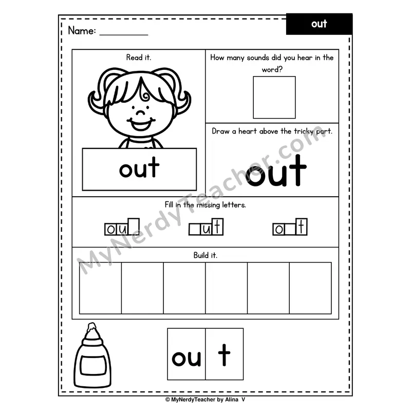 Heart Word Worksheet — out (Sound Count, Heart Tricky Part, Build It)
