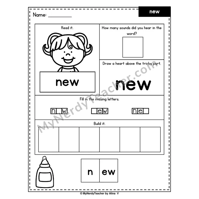 Heart Word Worksheet — new (Sound Count, Heart Tricky Part, Build It)