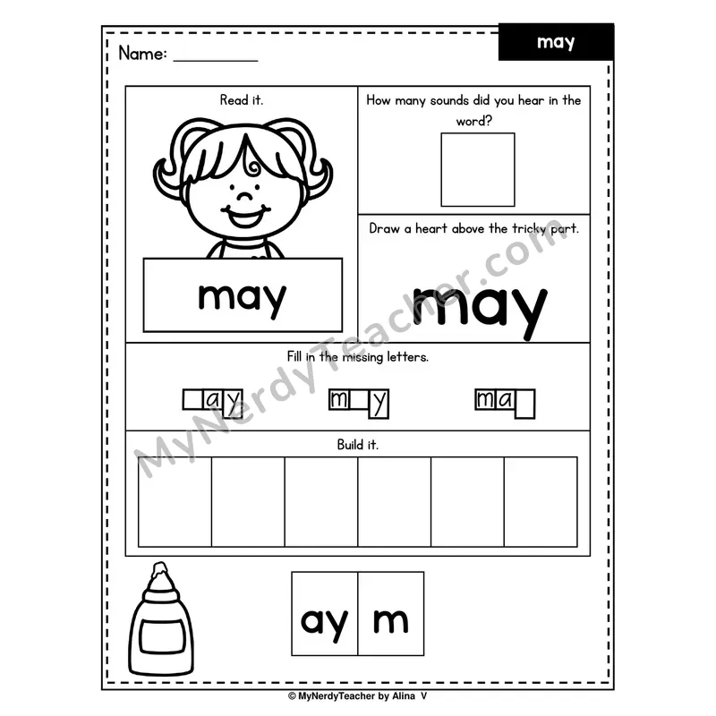 Heart Word Worksheet — may (Sound Count, Heart Tricky Part, Build It)