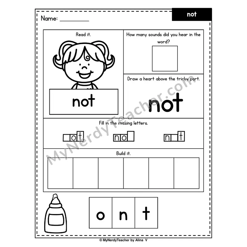 Heart Word Worksheet — not (Sound Count, Heart Tricky Part, Build It)
