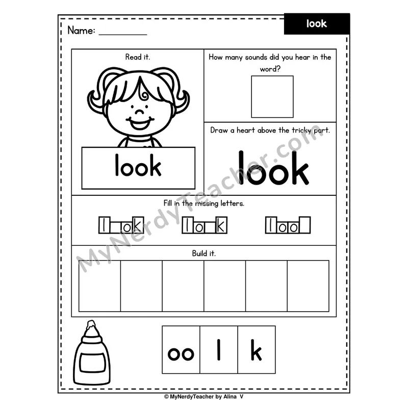 Heart Word Worksheet — look (Sound Count, Heart Tricky Part, Build It)
