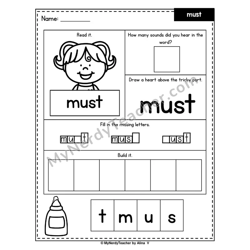 Heart Word Worksheet — must (Sound Count, Heart Tricky Part, Build It)