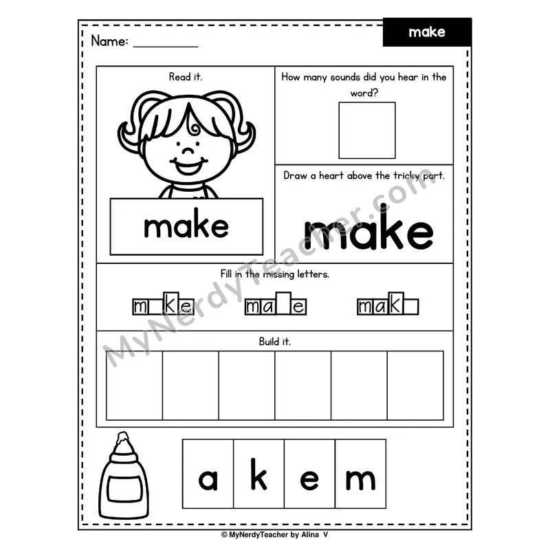 Heart Word Worksheet — make (Sound Count, Heart Tricky Part, Build It)