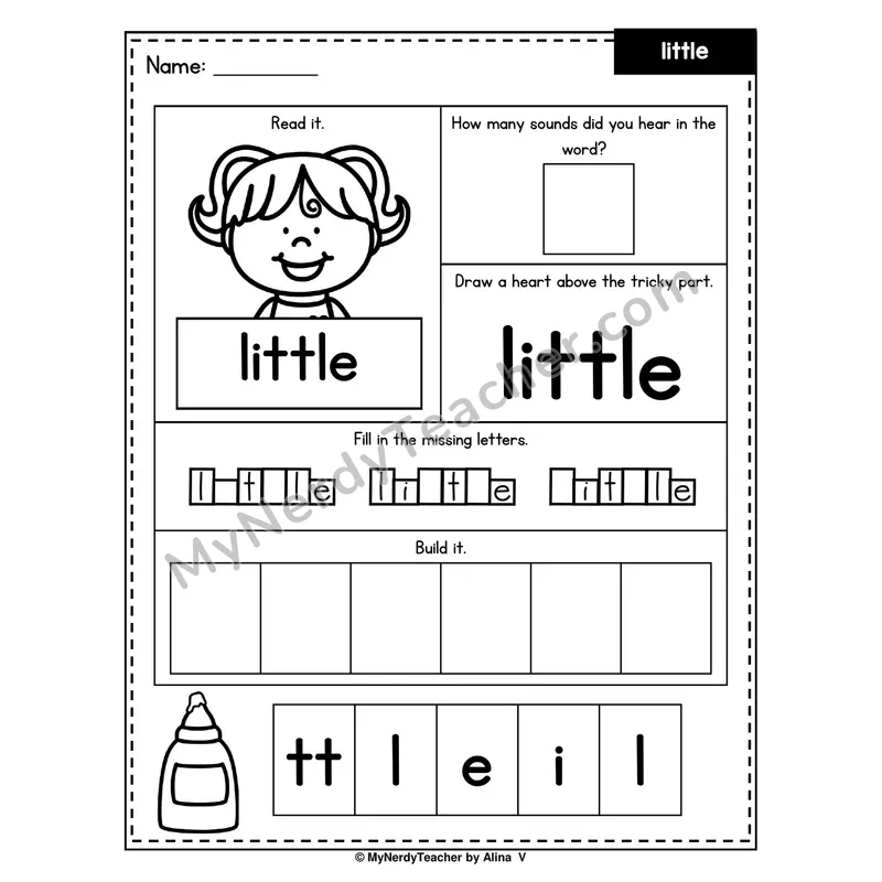 Heart Word Worksheet — little (Sound Count, Heart Tricky Part, Build It)