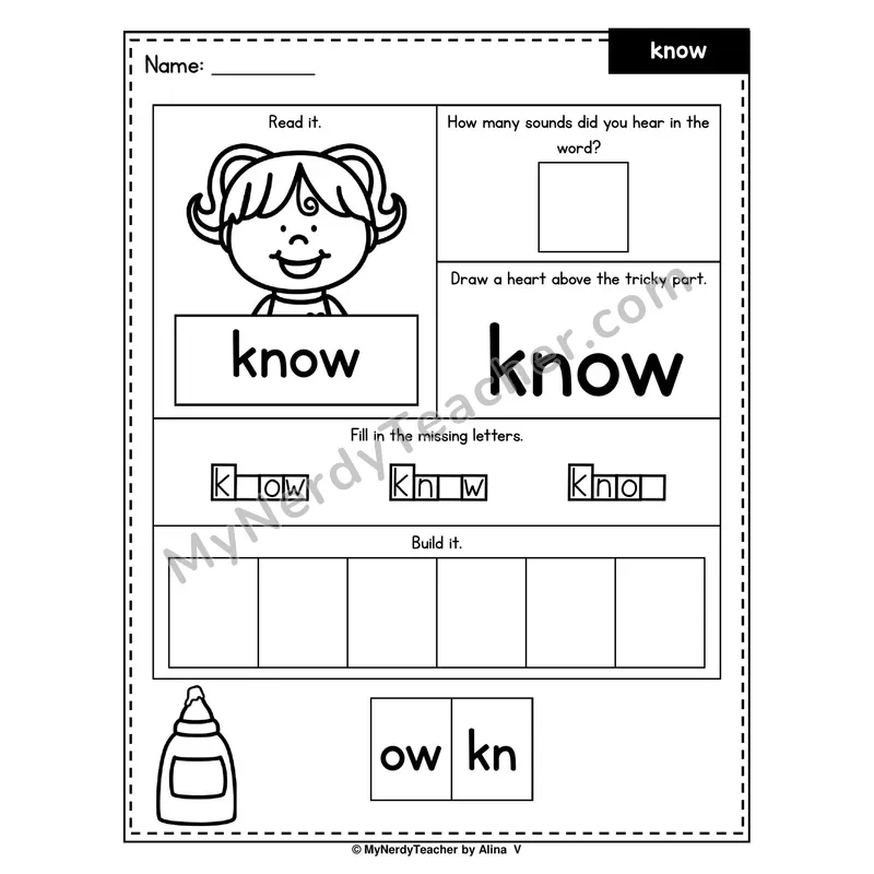 Heart Word Worksheet — know (Sound Count, Heart Tricky Part, Build It)