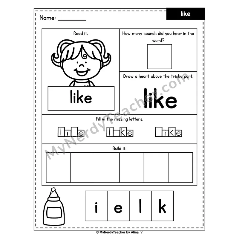 Heart Word Worksheet — like (Sound Count, Heart Tricky Part, Build It)