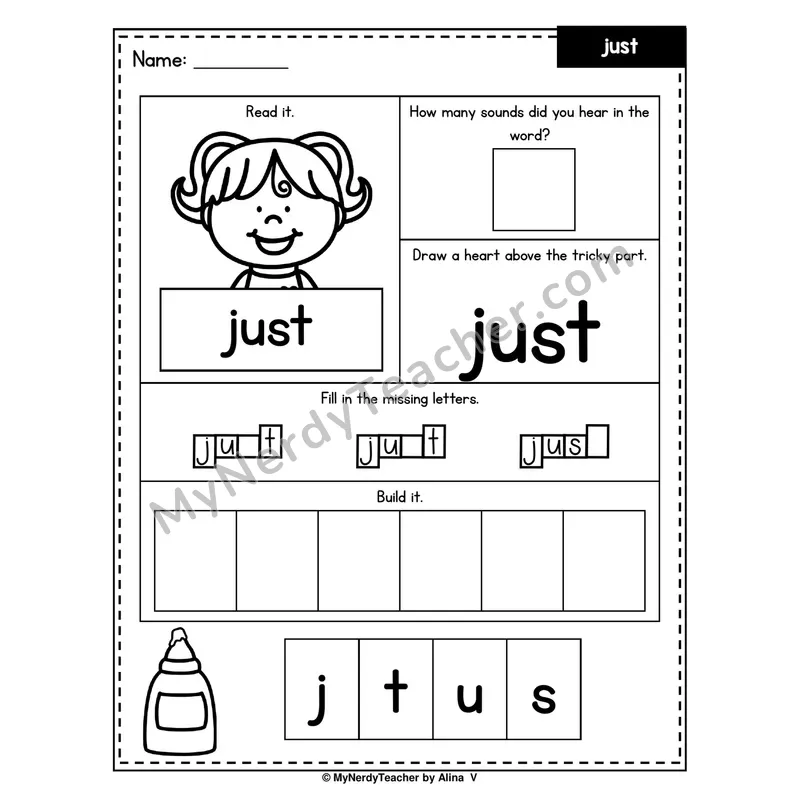 Heart Word Worksheet — just (Sound Count, Heart Tricky Part, Build It)