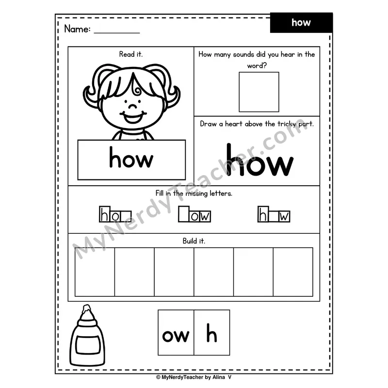 Heart Word Worksheet — how (Sound Count, Heart Tricky Part, Build It)