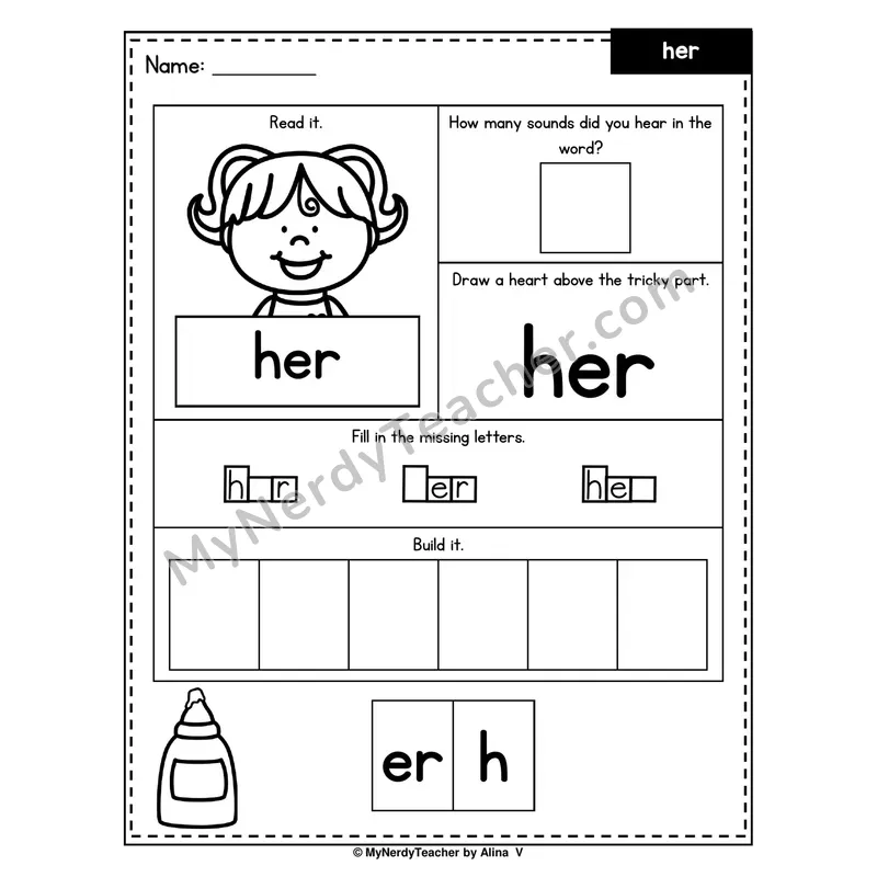 Heart Word Worksheet — her (Sound Count, Heart Tricky Part, Build It)