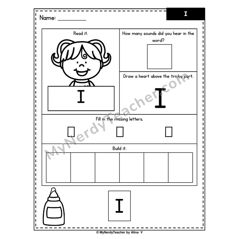 Heart Word Worksheet — I (Sound Count, Heart Tricky Part, Build It)