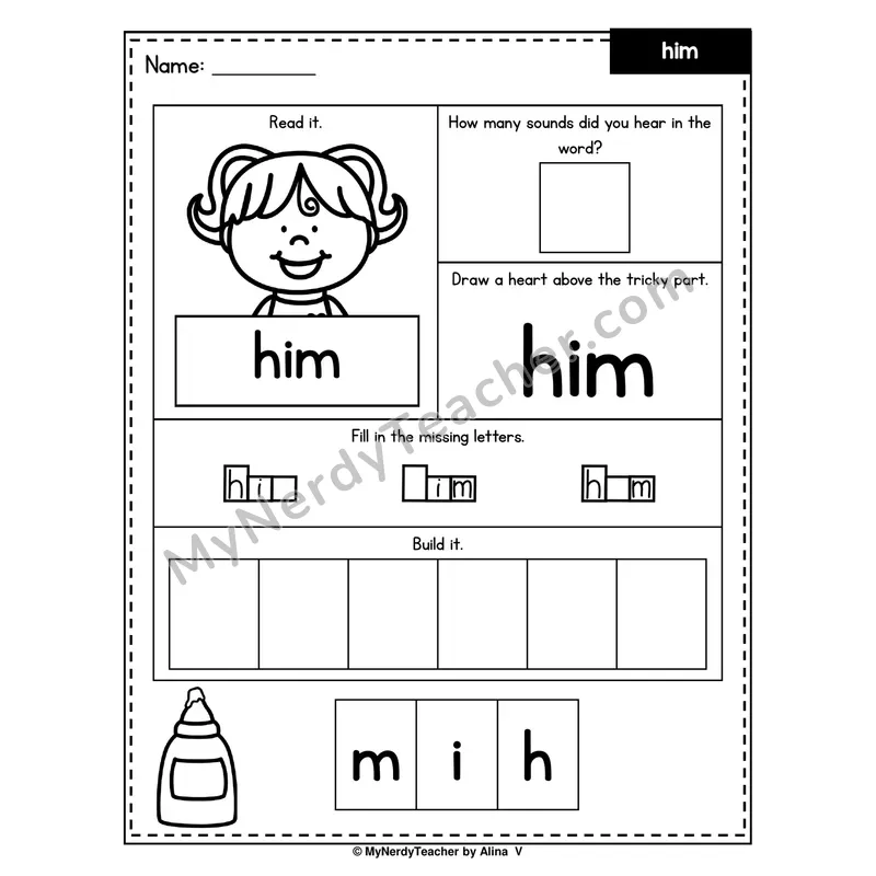 Heart Word Worksheet — him (Sound Count, Heart Tricky Part, Build It)