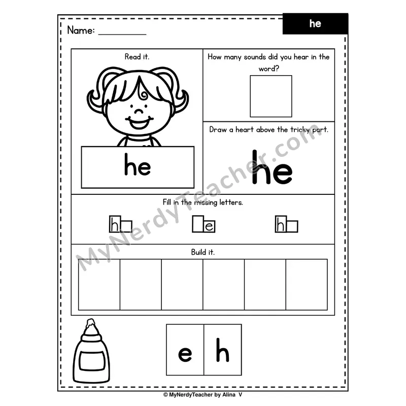 Heart Word Worksheet — he (Sound Count, Heart Tricky Part, Build It)