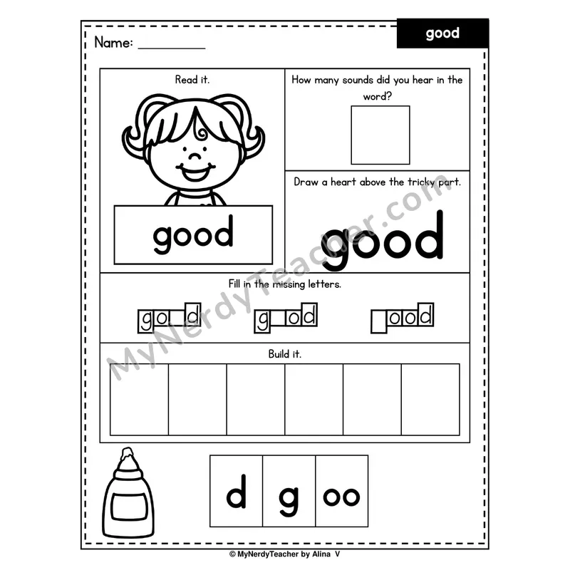 Heart Word Worksheet — good (Sound Count, Heart Tricky Part, Build It)