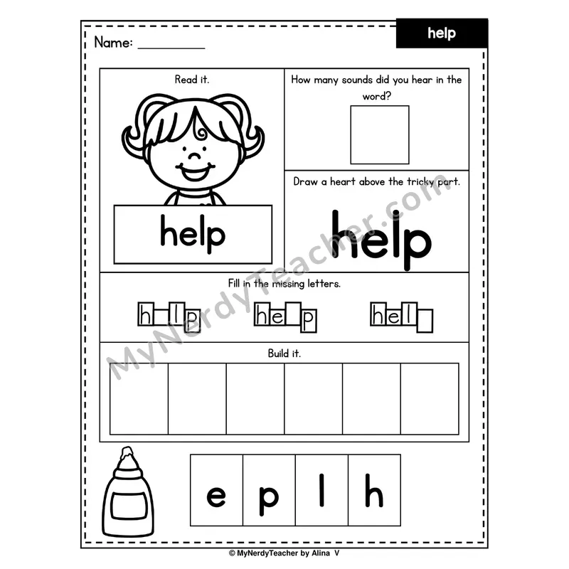 Heart Word Worksheet — help (Sound Count, Heart Tricky Part, Build It)
