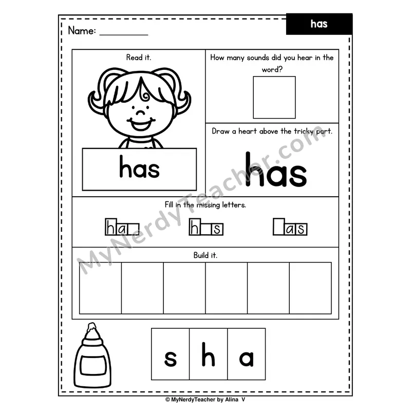 Heart Word Worksheet — has (Sound Count, Heart Tricky Part, Build It)