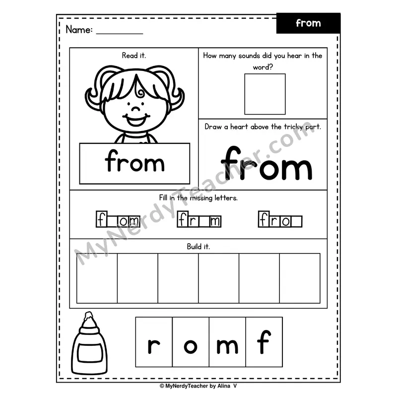 Heart Word Worksheet — from (Sound Count, Heart Tricky Part, Build It)