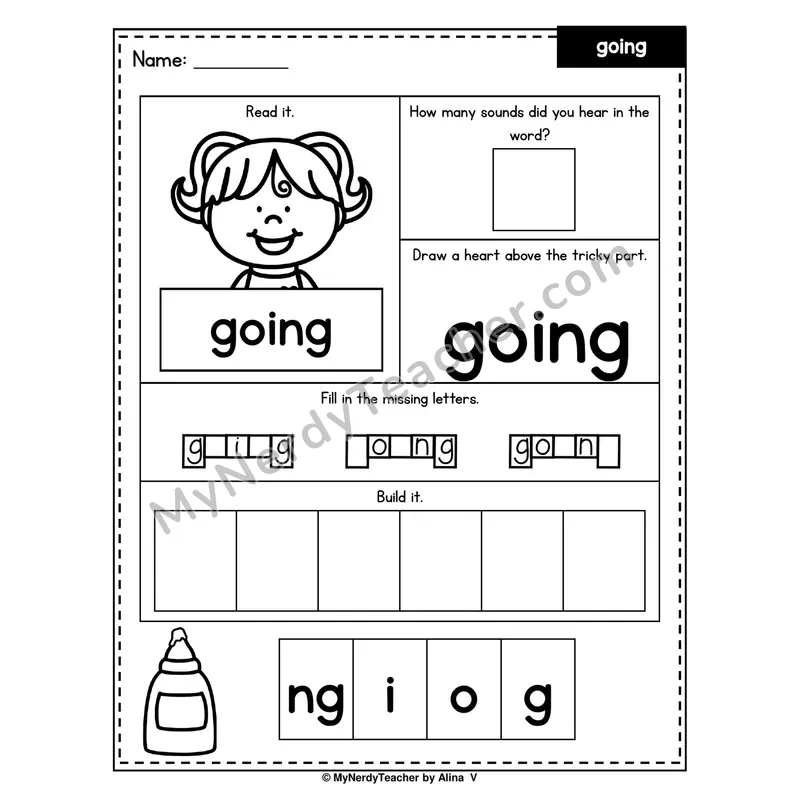 Heart Word Worksheet — going (Sound Count, Heart Tricky Part, Build It)
