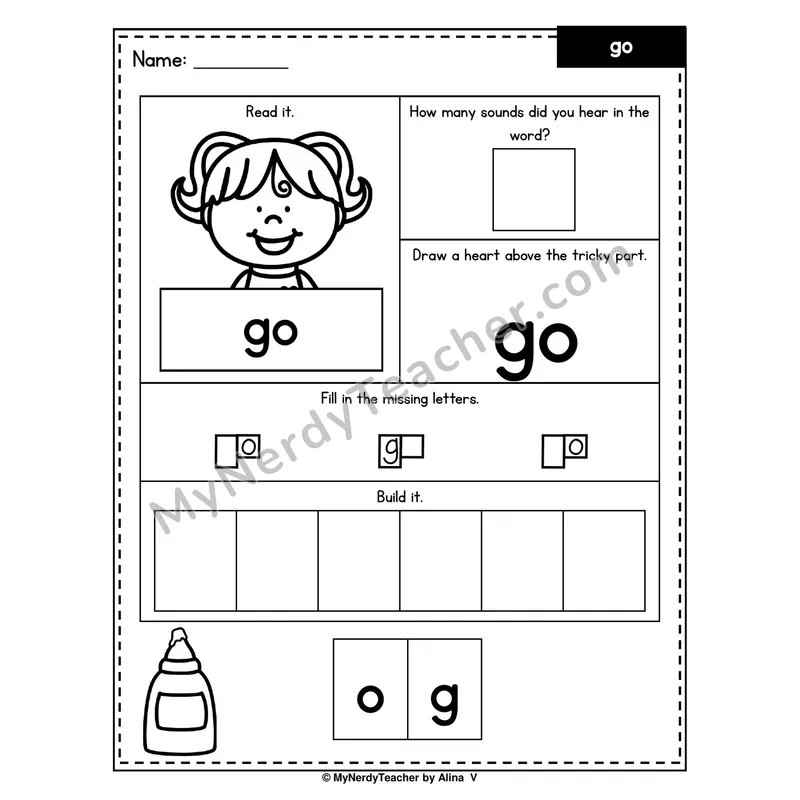 Heart Word Worksheet — go (Sound Count, Heart Tricky Part, Build It)