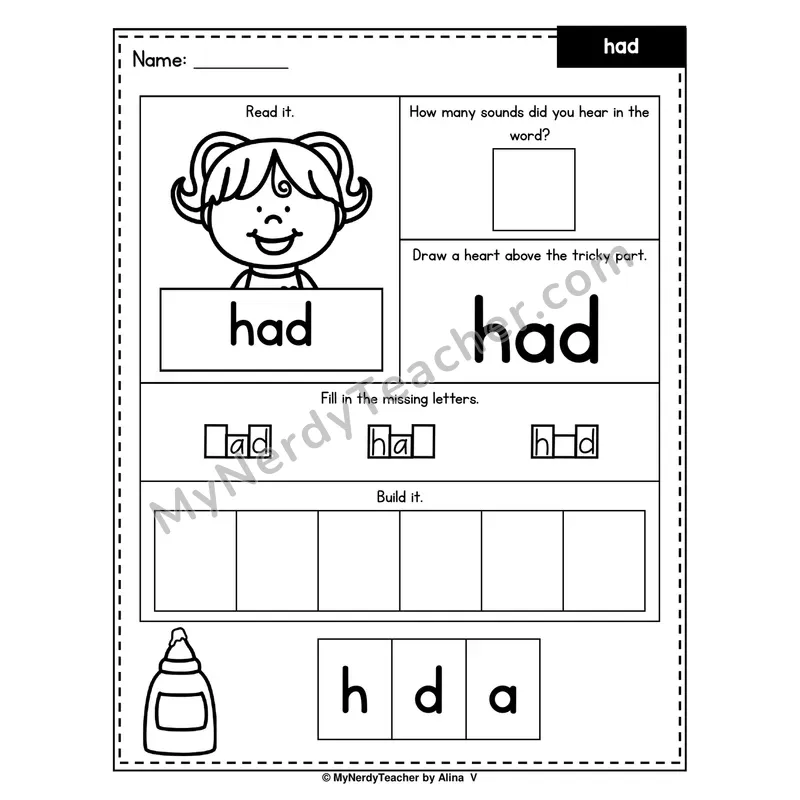 Heart Word Worksheet — had (Sound Count, Heart Tricky Part, Build It)