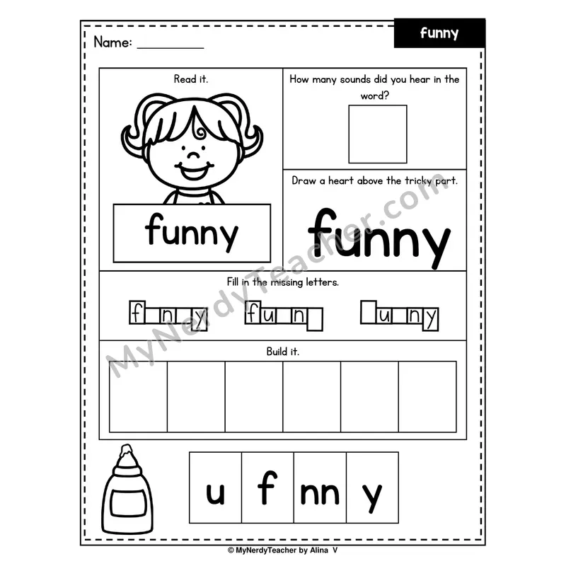 Heart Word Worksheet — funny (Sound Count, Heart Tricky Part, Build It)