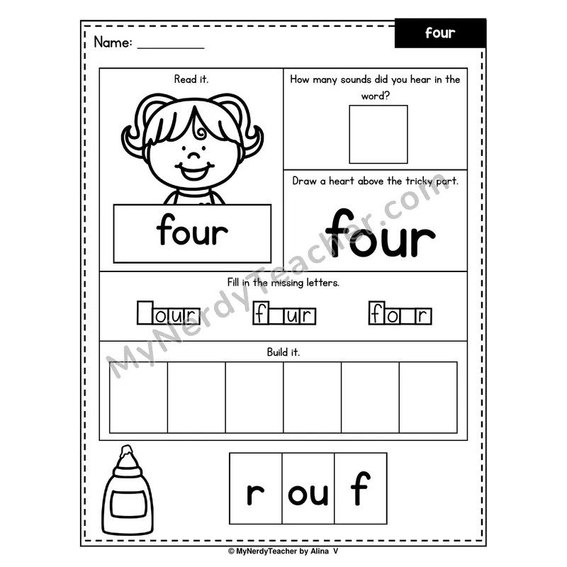 Heart Word Worksheet — four (Sound Count, Heart Tricky Part, Build It)