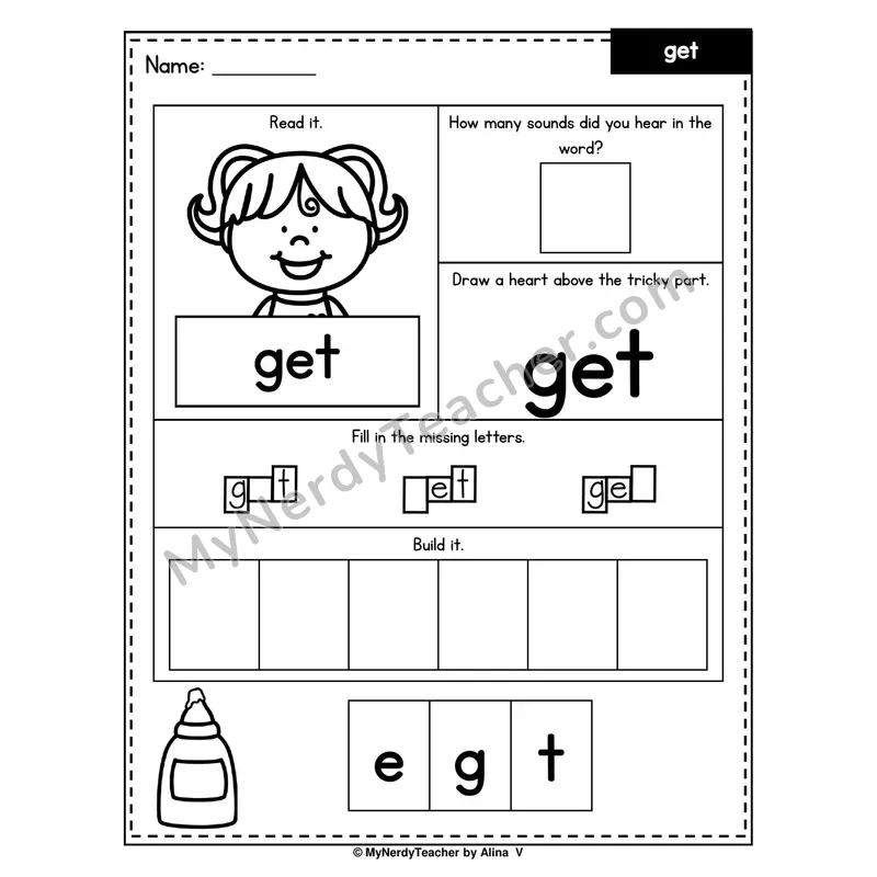 Heart Word Worksheet — get (Sound Count, Heart Tricky Part, Build It)