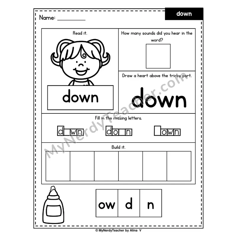 Heart Word Worksheet — down (Sound Count, Heart Tricky Part, Build It)