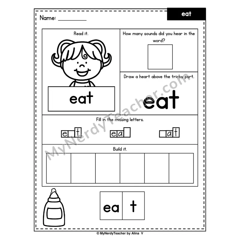 Heart Word Worksheet — eat (Sound Count, Heart Tricky Part, Build It)