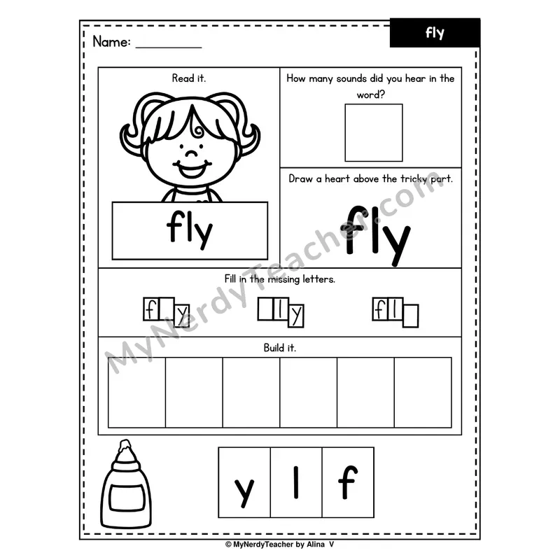 Heart Word Worksheet — fly (Sound Count, Heart Tricky Part, Build It)