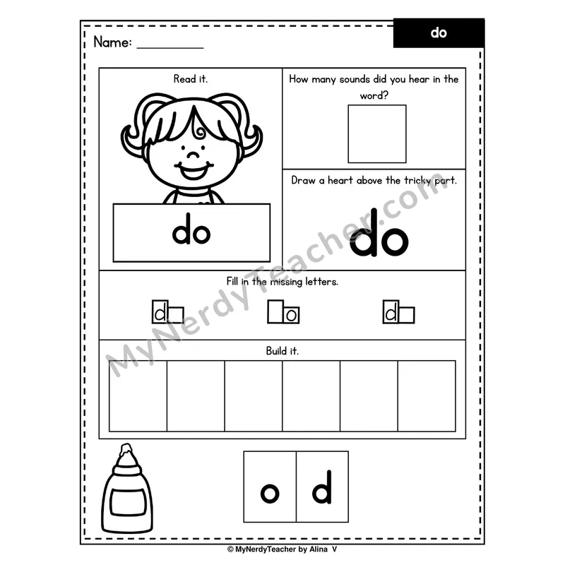Heart Word Worksheet — do (Sound Count, Heart Tricky Part, Build It)