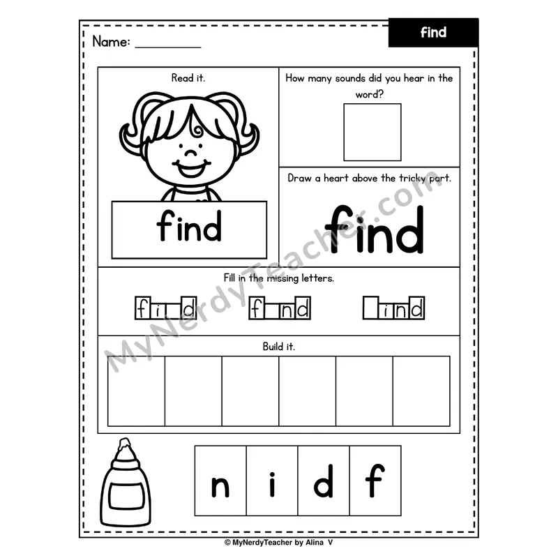 Heart Word Worksheet — find (Sound Count, Heart Tricky Part, Build It)