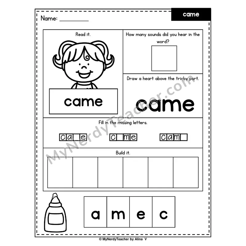 Heart Word Worksheet — came (Sound Count, Heart Tricky Part, Build It)