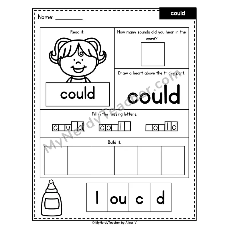 Heart Word Worksheet — could (Sound Count, Heart Tricky Part, Build It)