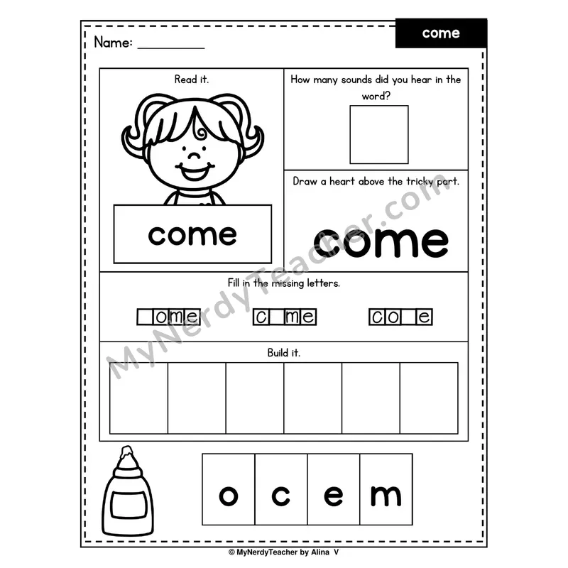Heart Word Worksheet — come (Sound Count, Heart Tricky Part, Build It)
