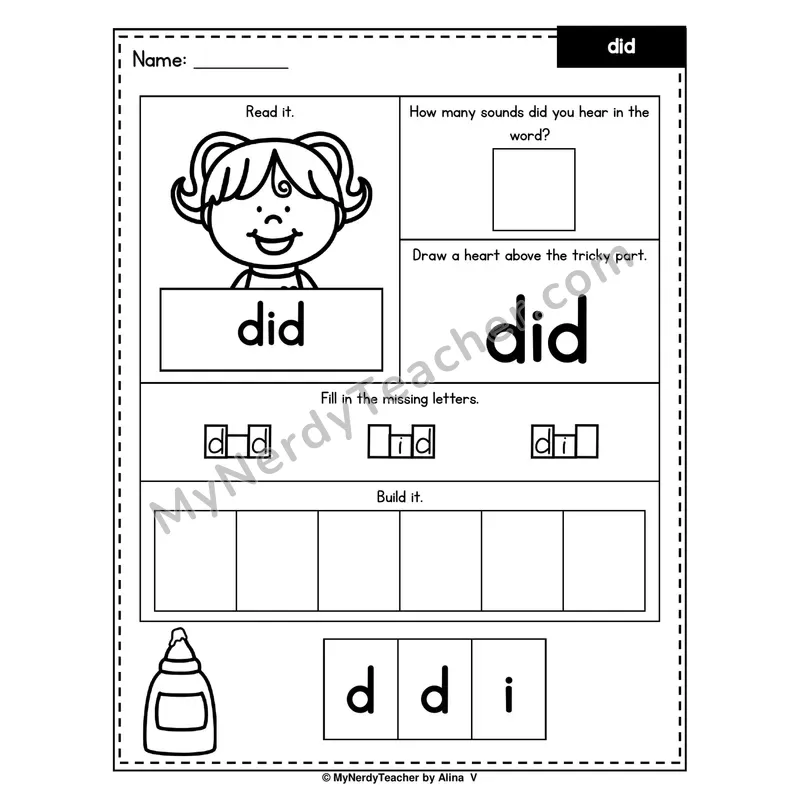 Heart Word Worksheet — did (Sound Count, Heart Tricky Part, Build It)