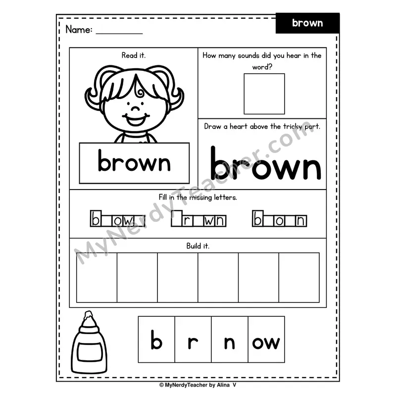 Heart Word Worksheet — brown (Sound Count, Heart Tricky Part, Build It)