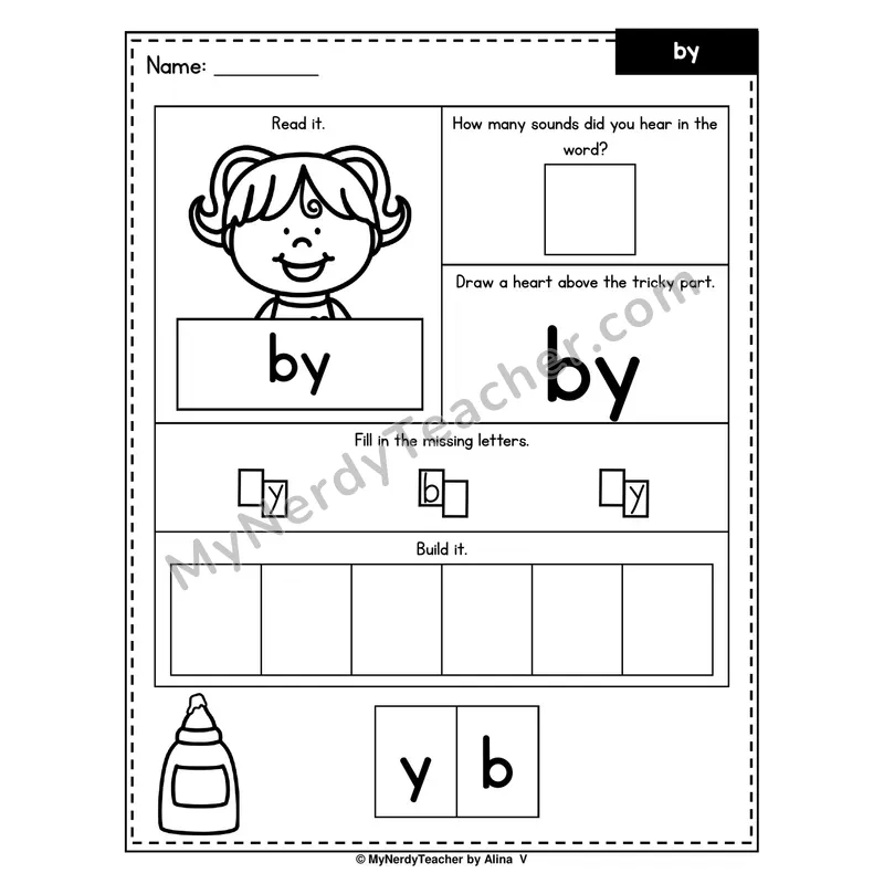 Heart Word Worksheet — by (Sound Count, Heart Tricky Part, Build It)
