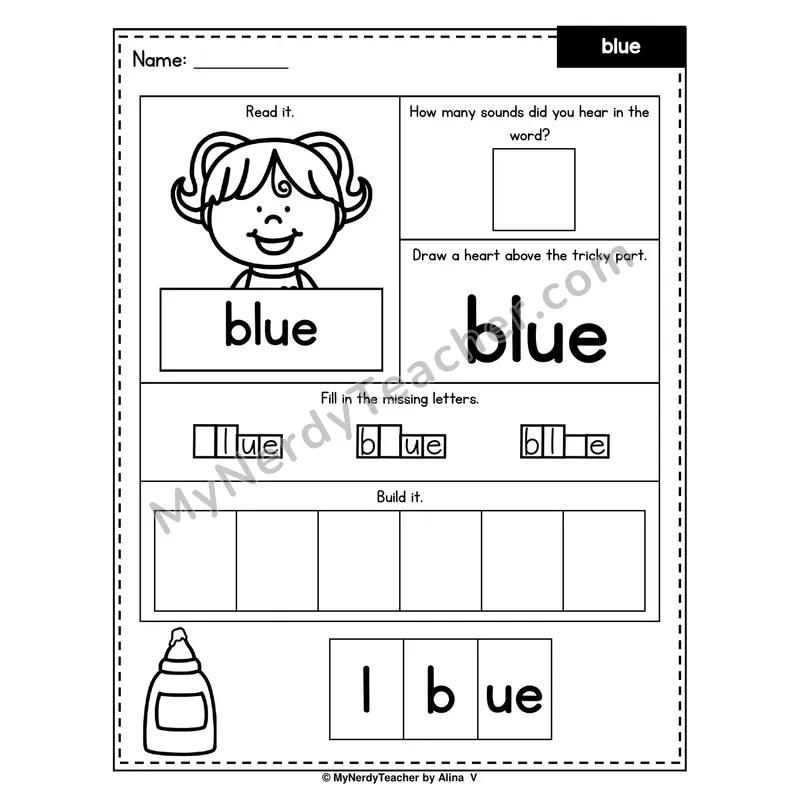 Heart Word Worksheet — blue (Sound Count, Heart Tricky Part, Build It)