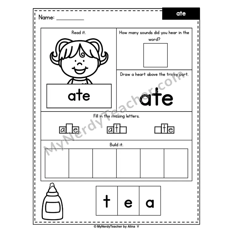 Heart Word Worksheet — ate (Sound Count, Heart Tricky Part, Build It)