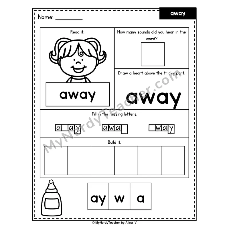 Heart Word Worksheet — away (Sound Count, Heart Tricky Part, Build It)