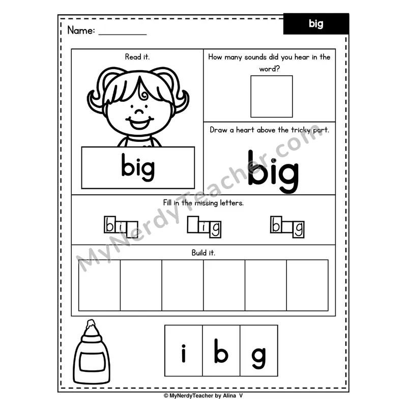 Heart Word Worksheet — big (Sound Count, Heart Tricky Part, Build It)