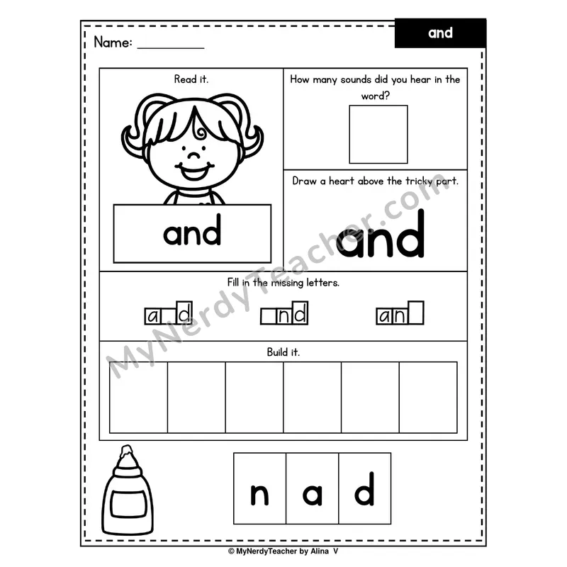 Heart Word Worksheet — and (Sound Count, Heart Tricky Part, Build It)