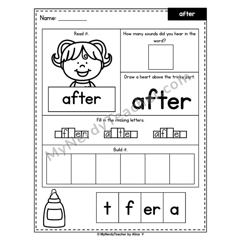 Heart Word Worksheet — after (Sound Count, Heart Tricky Part, Build It)