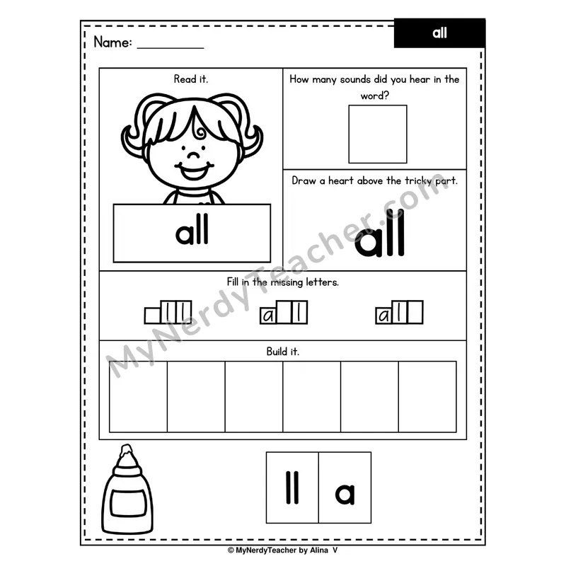 Heart Word Worksheet — all (Sound Count, Heart Tricky Part, Build It)