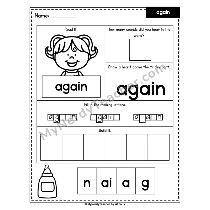 Heart Word Worksheet — again (Sound Count, Heart Tricky Part, Build It)