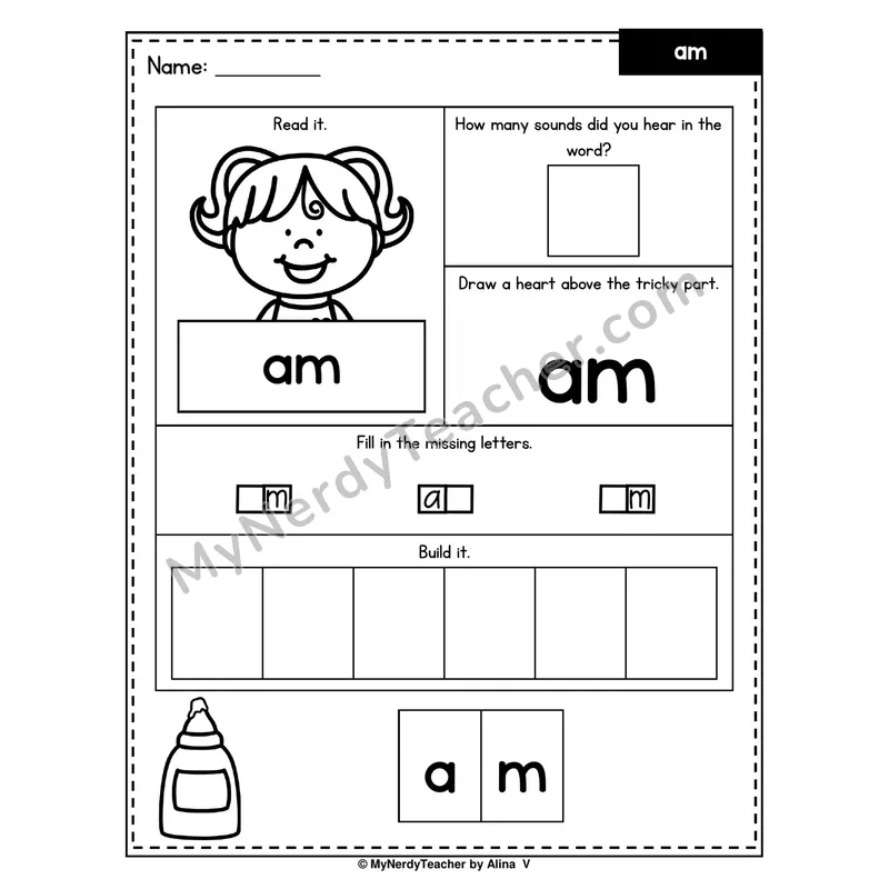 Heart Word Worksheet — am (Sound Count, Heart Tricky Part, Build It)