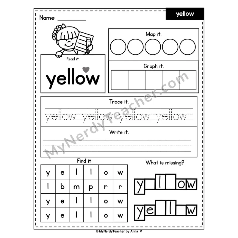 Sight Word Worksheet — yellow (Read, Map, Graph, Trace, Write, Find)