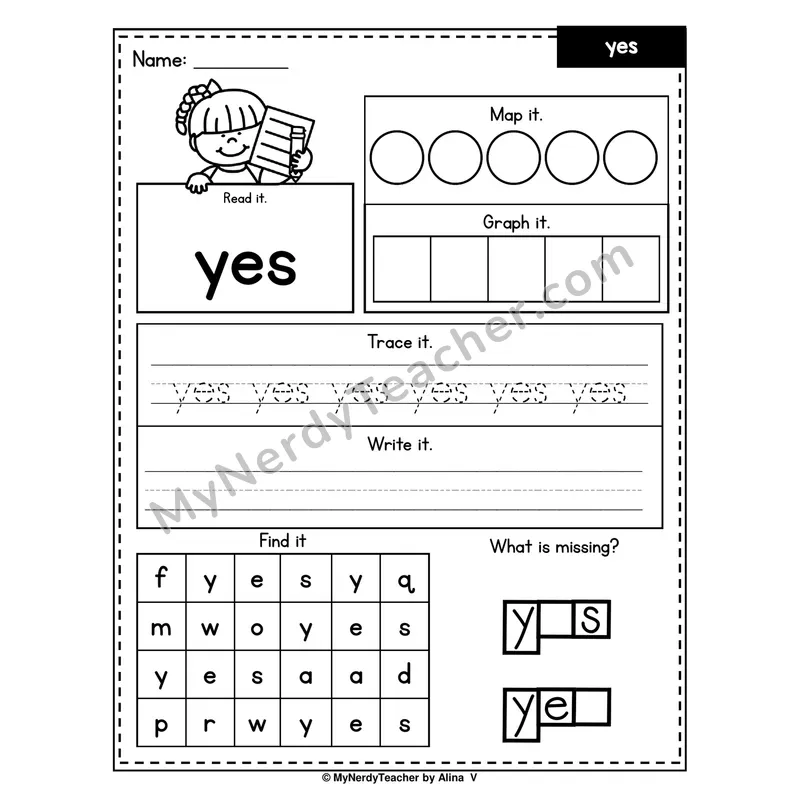 Sight Word Worksheet — yes (Read, Map, Graph, Trace, Write, Find)
