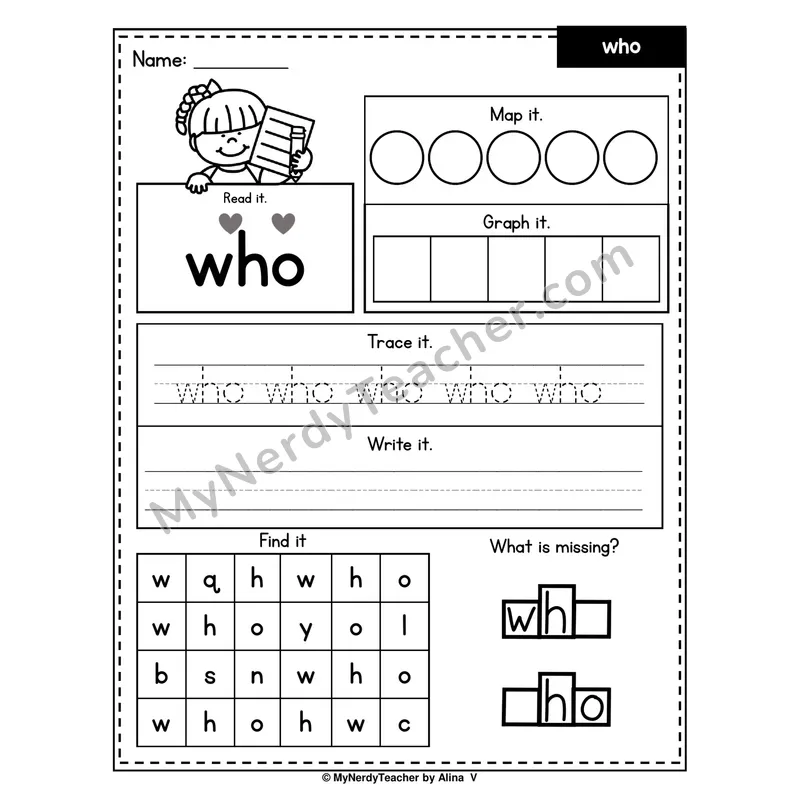 Sight Word Worksheet — who (Read, Map, Graph, Trace, Write, Find)