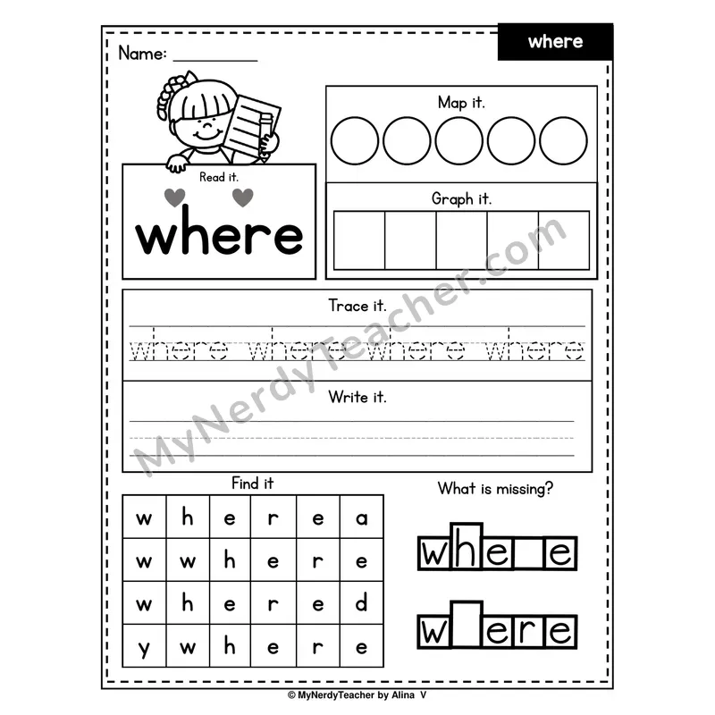 Sight Word Worksheet — where (Read, Map, Graph, Trace, Write, Find)